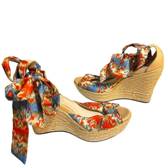 UGG Australia wedges Luciana espadrille orange blue silk ankle wrap heels size 8 - Picture 5 of 12